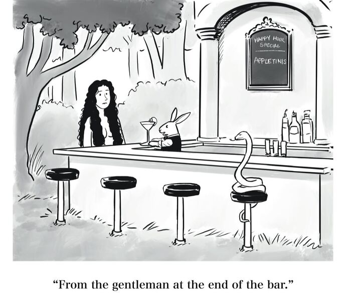 Mannequin on the Moon comic: A woman, a rabbit, and a snake are at a bar with an 'Appletinis' sign, showcasing dry humor.