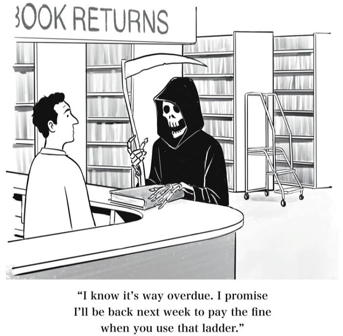 Mannequin On The Moon Comics: The Grim Reaper returns an overdue book at a library, a dry humor comic.