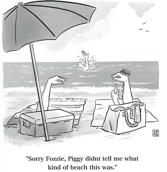 Two creatures partially buried in sand on a beach, talking, with a third creature splashing in the background, in a Mannequin On The Moon comic.
