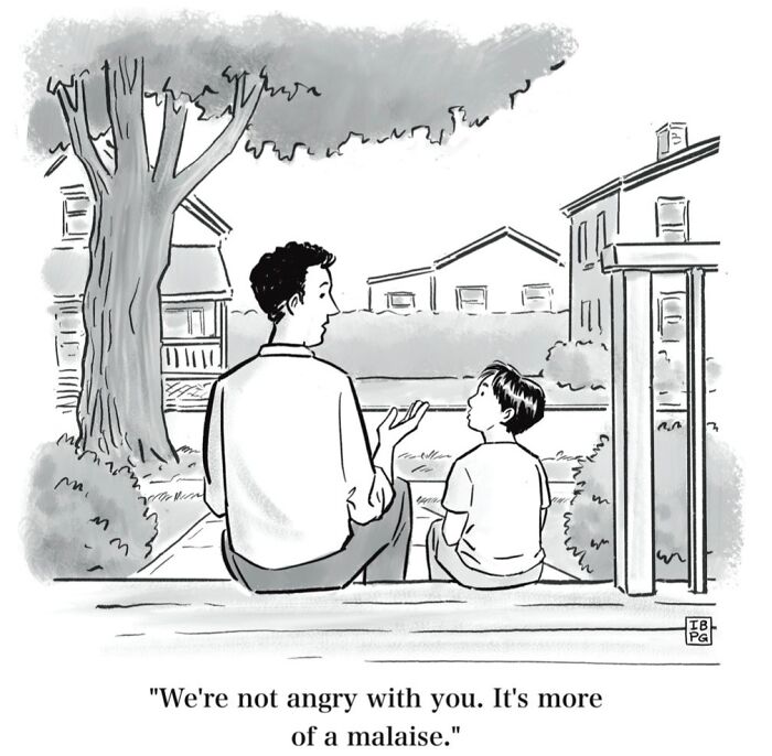 A comic of a father and son sitting on a curb, discussing malaise, featuring dry humor and absurd comics.