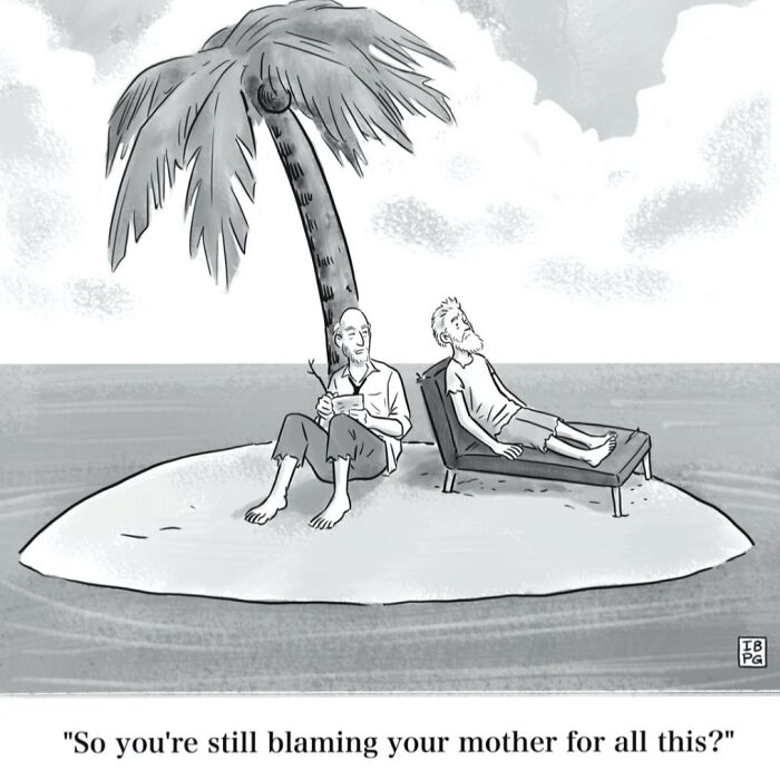 Mannequin on the Moon comic: Two castaways on a small island, one asking if the other still blames his mother.