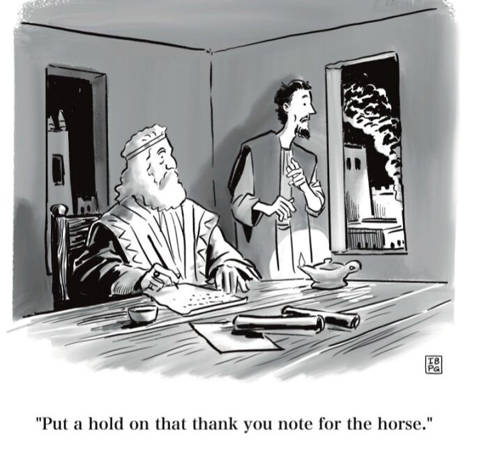 A comic featuring a Mannequin on the Moon with dry humor, showing two men inside a room with fire outside a window.