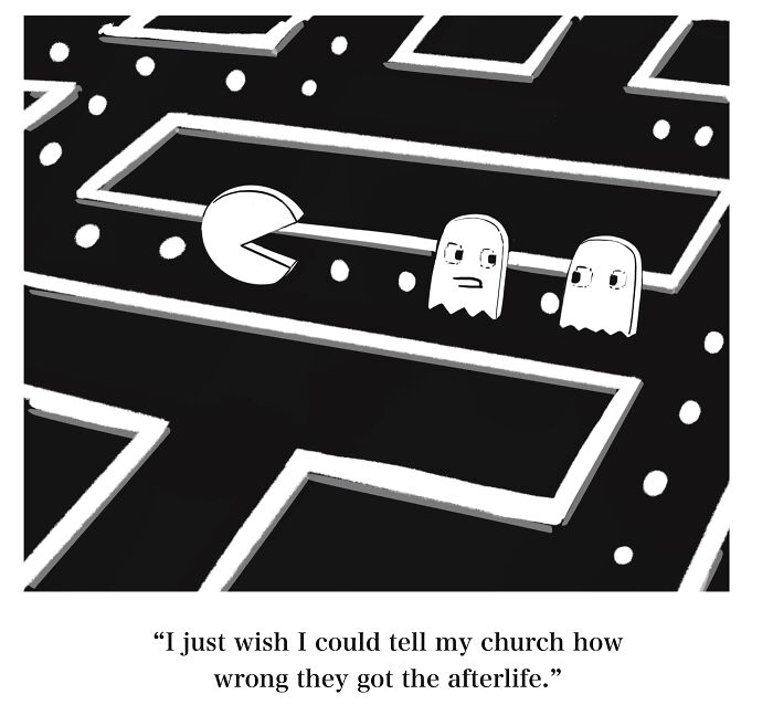 Mannequin on the Moon comic featuring Pac-Man and two ghosts in a video game maze setting.
