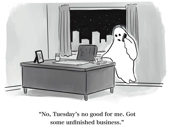 Absurd Mannequin On The Moon comic depicting a ghost in an office, illustrating dry humor.