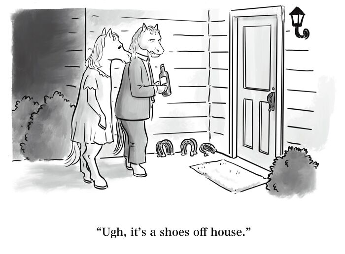 Absurd Mannequin On The Moon comic with two horse-headed people at a doorway, exemplifying dry humor.