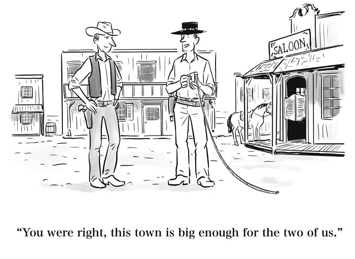 Absurd Mannequin On The Moon comic of two cowboys in a town, showcasing dry humor.