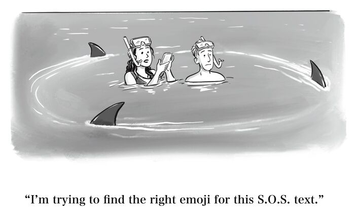Absurd Mannequin On The Moon comic featuring people in water with shark fins, using dry humor.