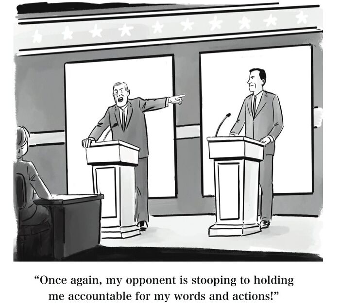Absurd Mannequin On The Moon comic showing a political debate with dry humor.