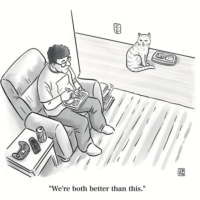 Absurd Mannequin On The Moon comic where a man eats a TV dinner while a cat stares at him from across the room.