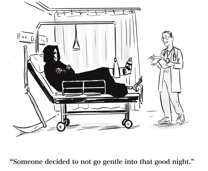 A comic showing the grim reaper in a hospital bed with a doctor, displaying dry humor.