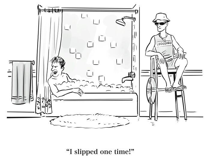 A comic of a man in a bubble bath with a lifeguard beside the tub, providing dry humor.