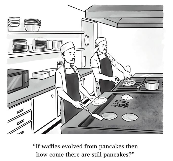 Absurd Mannequin On The Moon comic of two chefs in a kitchen debating the evolution of waffles from pancakes.