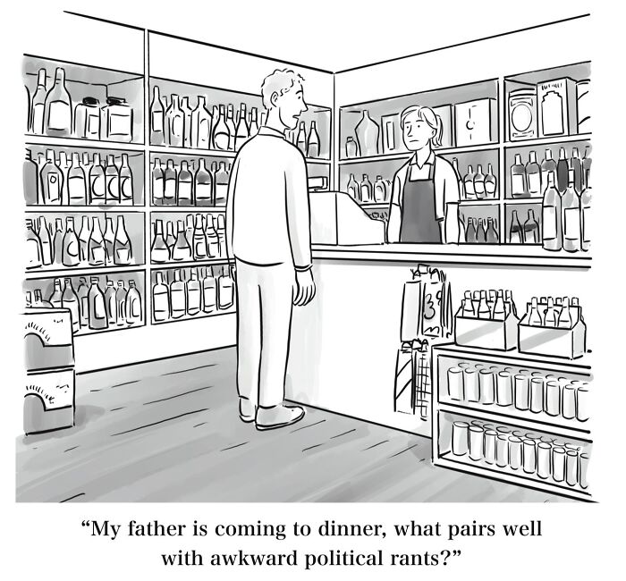 Absurd Mannequin On The Moon comic featuring a man asking a store clerk what pairs with awkward political rants.