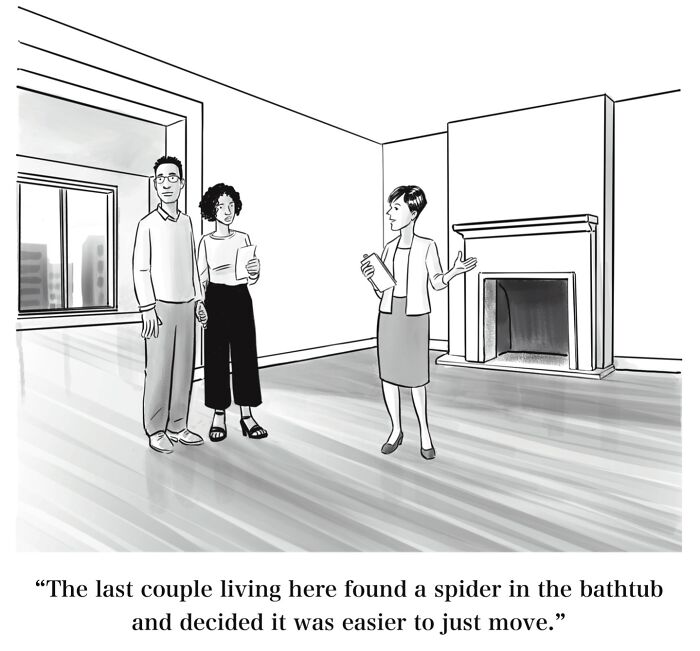 Absurd Mannequin On The Moon comic showing a real estate agent telling a couple about a spider in a bathtub.