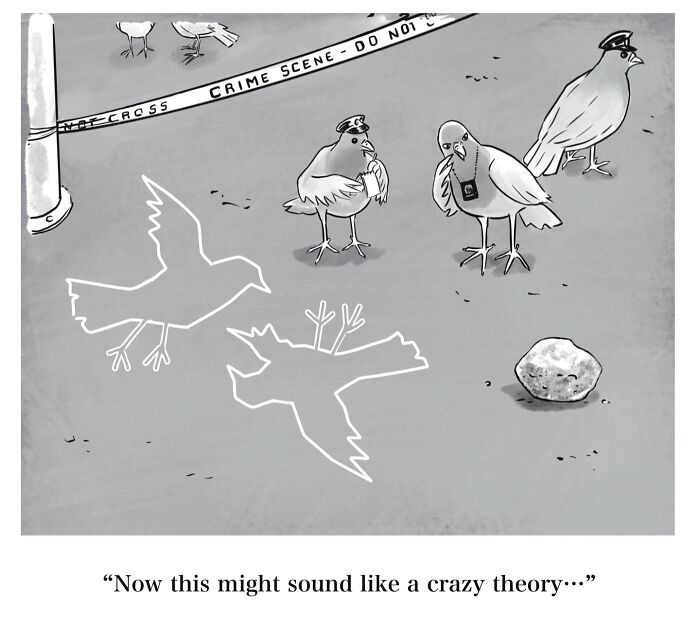 A comic of police pigeons at a crime scene with bird chalk outlines, showcasing absurd dry humor.
