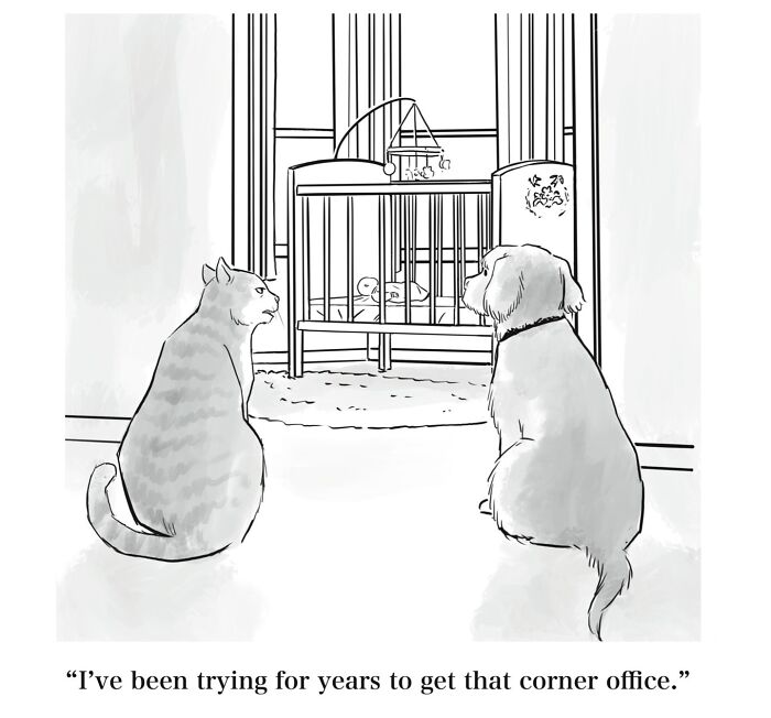 A comic featuring a cat and a dog looking at a baby in a crib, illustrating absurd dry humor.