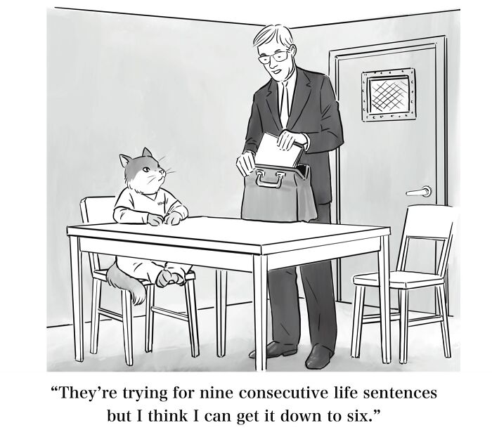 Mannequin On The Moon comic of a cat in an interrogation room with a lawyer, featuring dry humor.