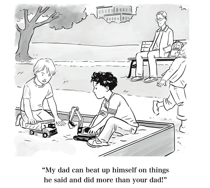 Mannequin On The Moon comic with children playing in a sandbox, a man on a bench, and dry humor.