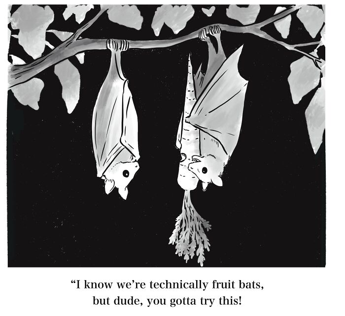 Mannequin On The Moon comic showing two bats hanging upside down; one eating a carrot with dry humor.