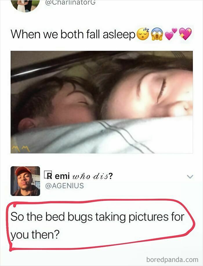 Funny memes: A picture of two people sleeping, with a caption asking who took the photo.