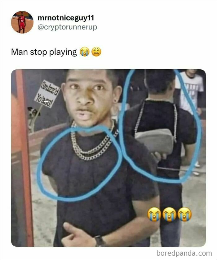 Funny memes: A man with a necklace drawn on him, holding a f***y pack that looks like a bag in the back.