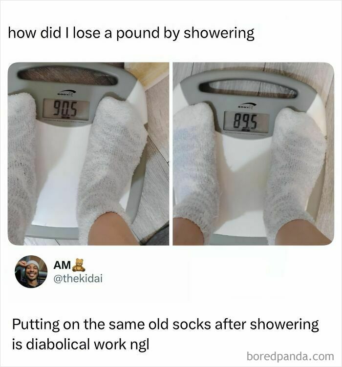 A funny meme from an IG account showing feet on a scale, before and after showering. Hood Content King memes.