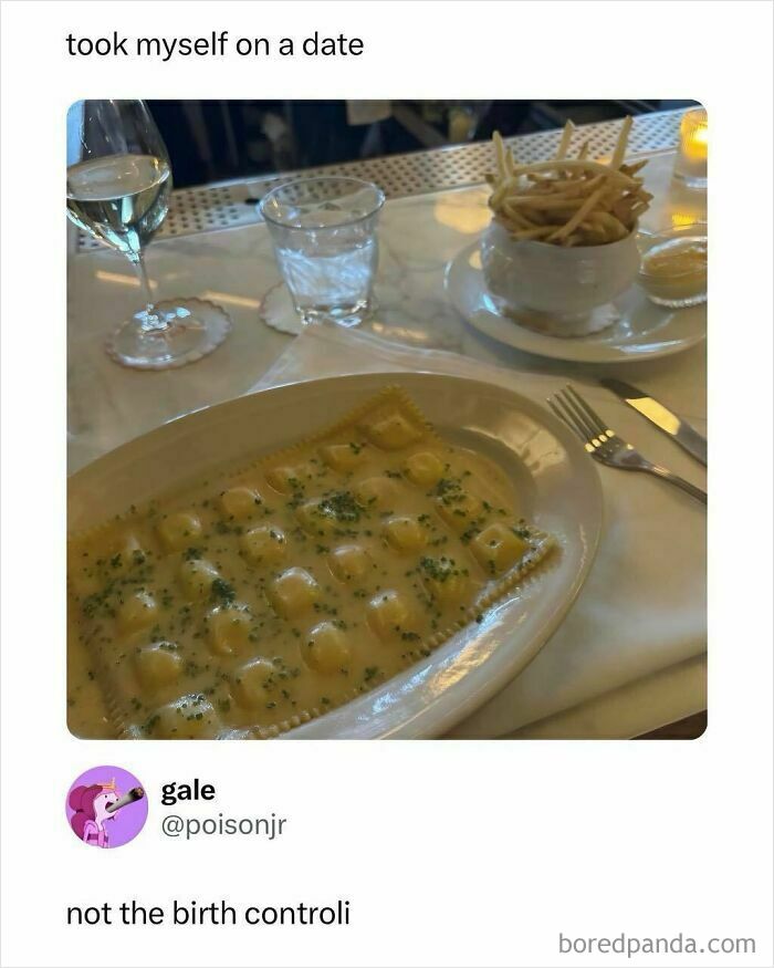 A funny meme from an IG account of someone on a date with pasta and fries. Hood Content King memes.