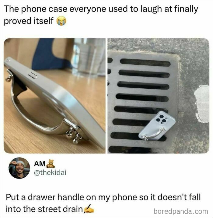 Funny memes from IG account illustrate a phone case with a drawer handle, preventing a phone from falling into a drain.
