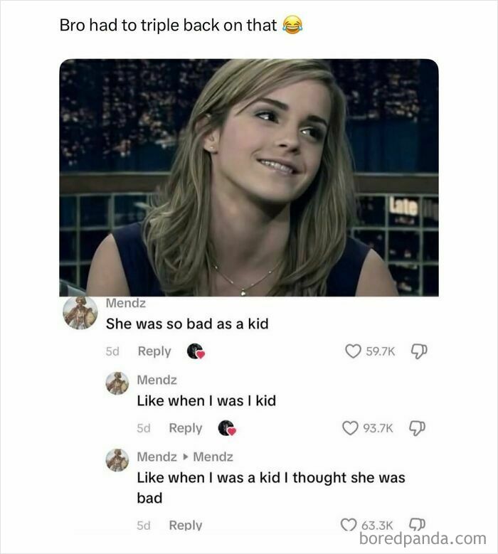 Funny memes: A photo of young Emma Watson with social media comments about her being 'bad as a kid.'