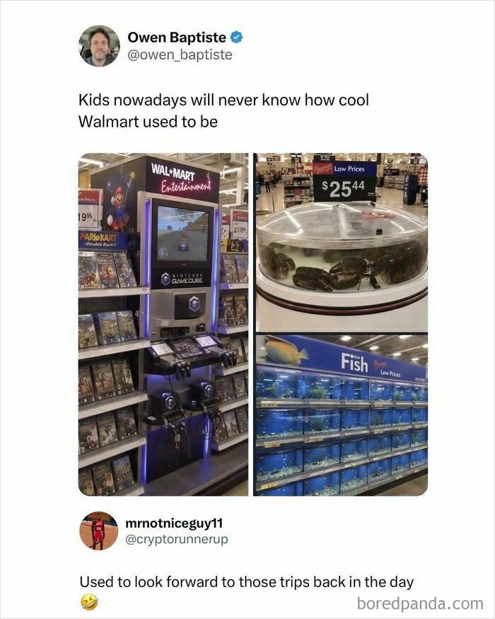 A funny meme from an IG account showing old Walmart entertainment and pet sections. Hood Content King memes.