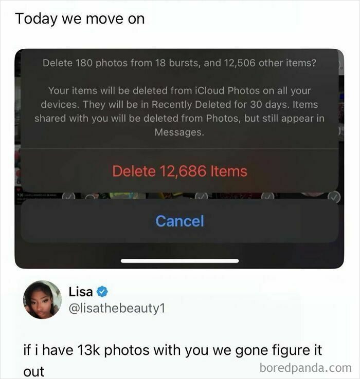 Funny meme showing a prompt to delete 12,686 photos, representing funny memes about digital clutter.