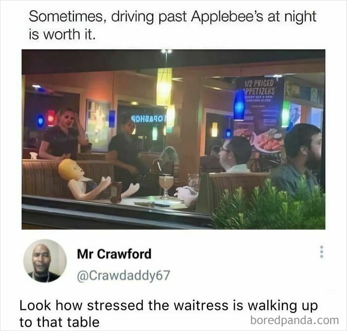 Funny meme of a mannequin sitting at a table in Applebee's, highlighting funny memes and odd sights.