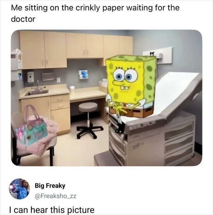 Funny meme of Spongebob Squarepants sitting on crinkly paper in a doctor's office, a classic funny meme.
