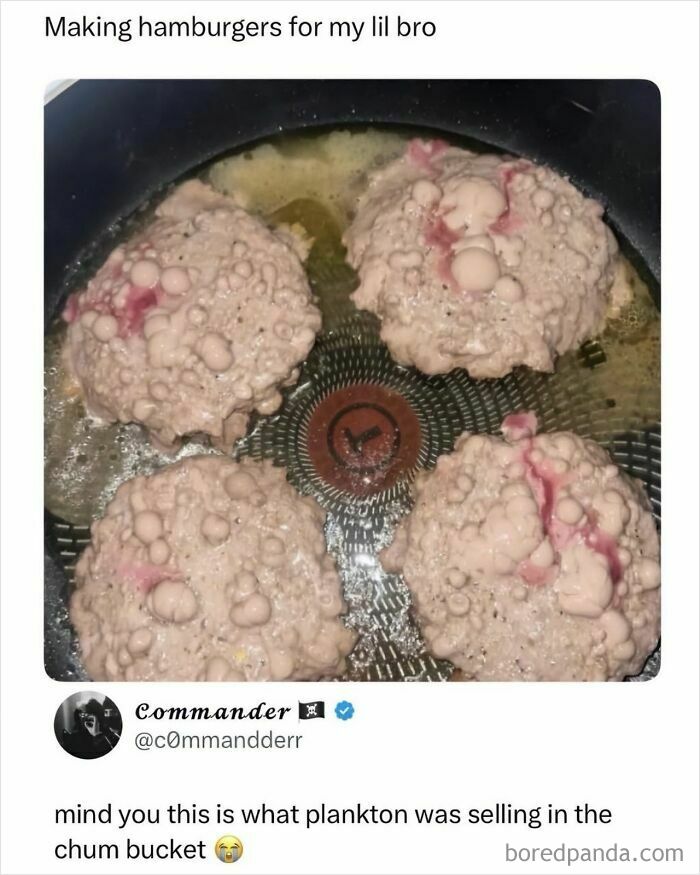 Funny memes from IG account depict four unappetizing, bubbly hamburger patties frying in a pan.