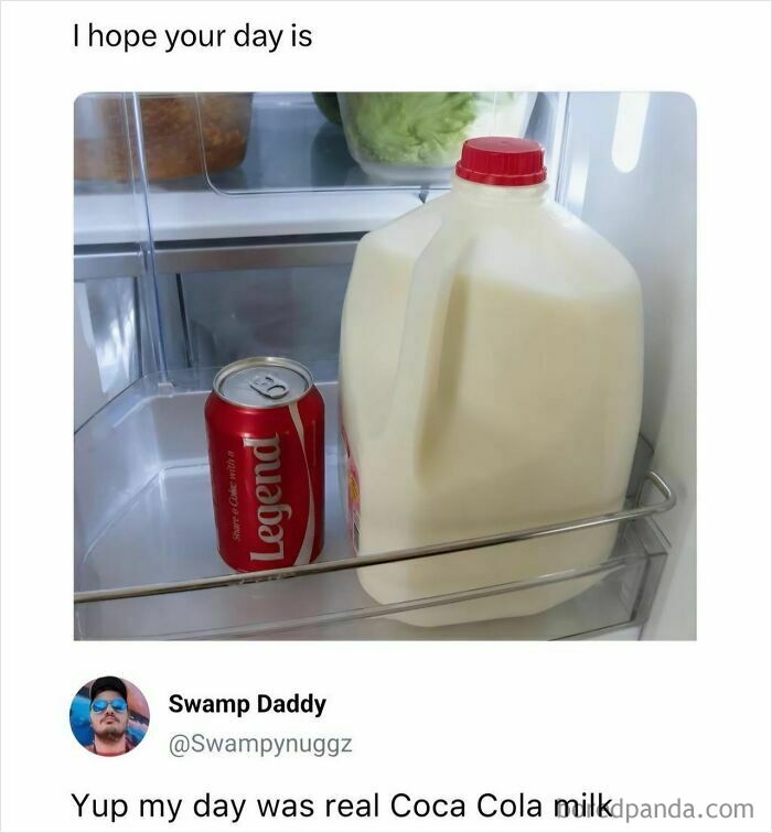 Funny memes from IG account show a can of Coca-Cola and a jug of milk in a fridge, making a pun.