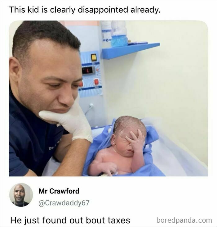 A meme of a newborn baby with its face in its hand, looking disappointed.