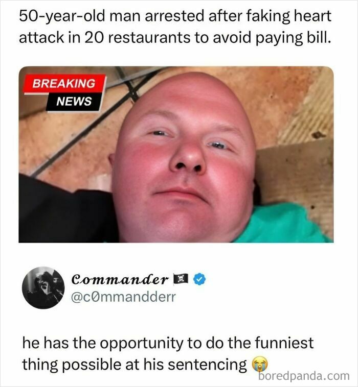 A funny meme about a man faking heart attacks to avoid restaurant bills.