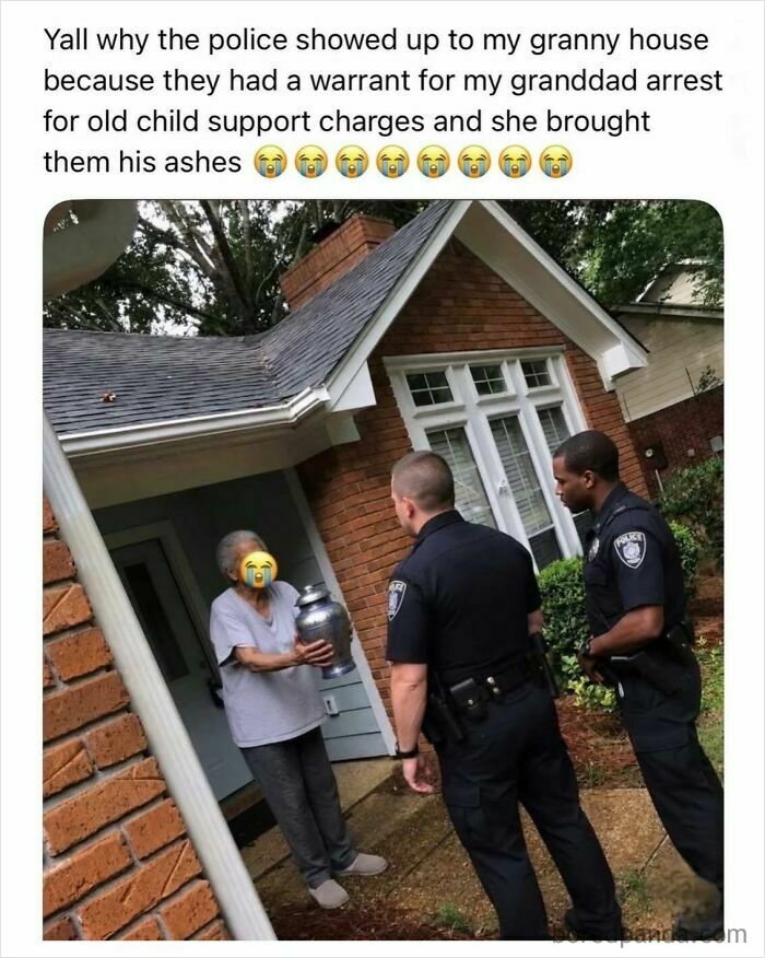 An older woman holding an urn in front of two police officers; a funny meme from Hood Content King.