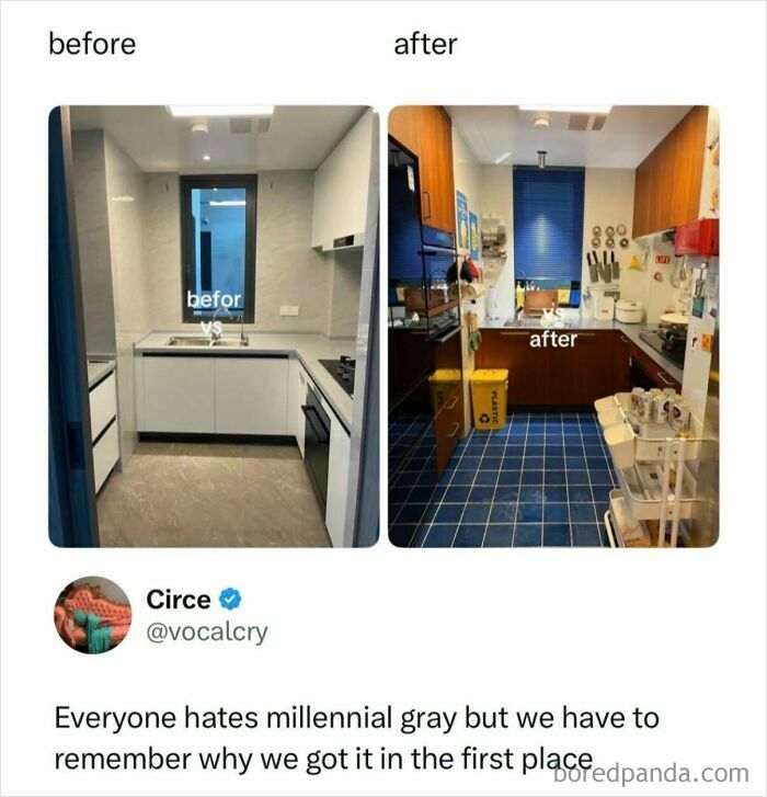 A before and after comparison of a kitchen remodel, a funny meme contrasting millennial gray.