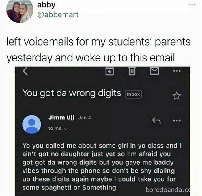 A screenshot of a funny meme about a teacher's email from an Instagram account.