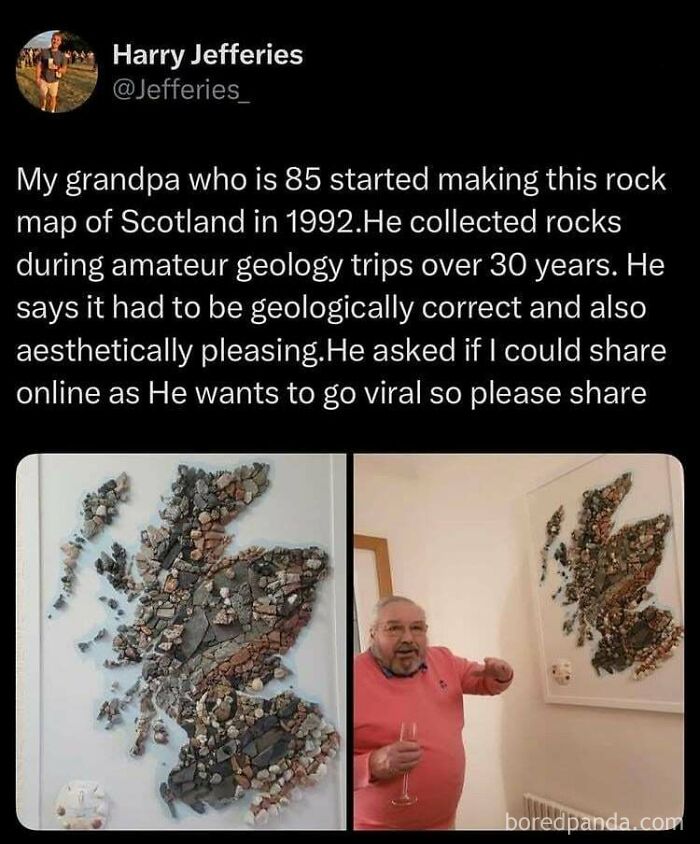 A man proudly displays a rock map of Scotland he made, a wonderful and weird creation.