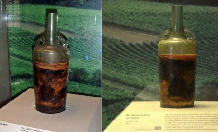 Two images of an ancient, sediment-filled wine bottle, a truly weird and wonderful artifact from the past.