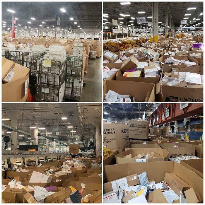 Collage of four images showing a wild and wonderful postal facility with an overwhelming amount of packages.
