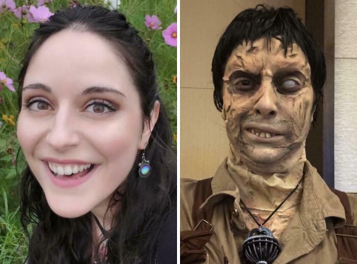 A split image of a woman, normal and in scary makeup, a weird and wonderful transformation.