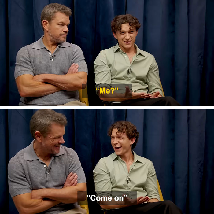 Matt Damon and Tom Holland in an interview where Matt shuts down Tom's ranking among greatest actors. Matt Damon and Tom Holland in an interview where Matt shuts down Tom's ranking among greatest actors.