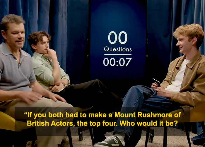 Matt Damon, Tom Holland, and another actor discussing British actors, highlighting great actors. Matt Damon, Tom Holland, and another actor discussing British actors, highlighting great actors.