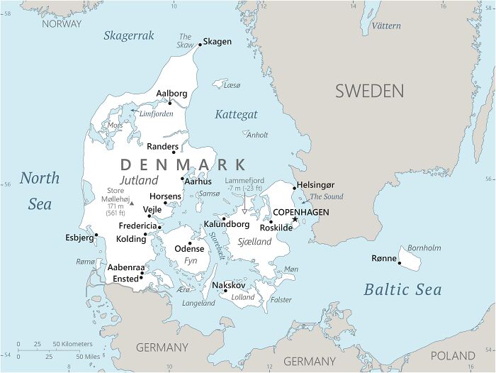 Map of Europe, focusing on Denmark, for the article about questions Americans asked Europeans.