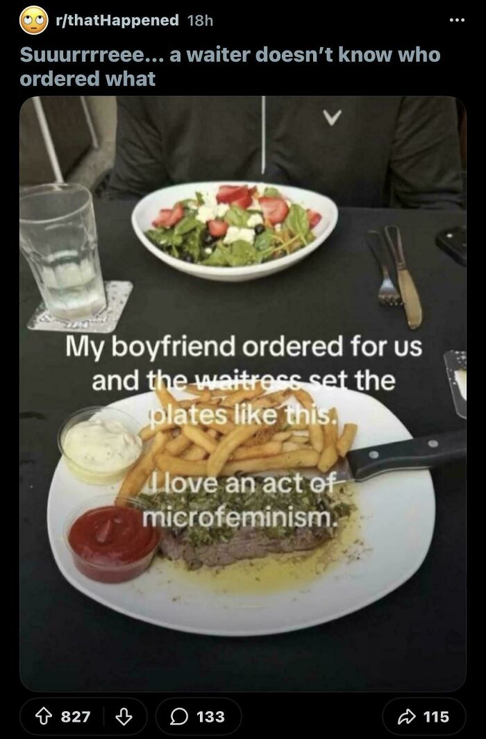 A plate of steak and fries with a salad in the background, showing people called out for lying.