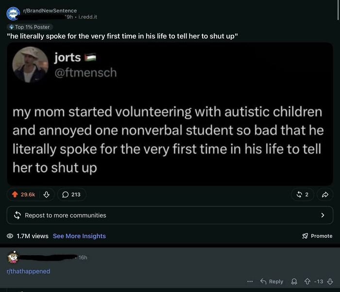 A Reddit post from r/BrandNewSentence featuring a story about an autistic child speaking for the first time, called out as a lie.