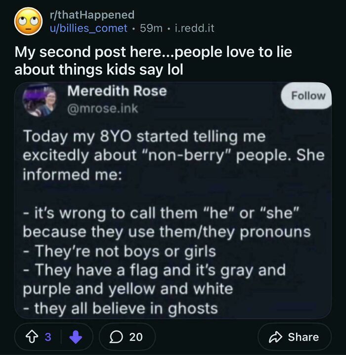 A Reddit post from r/thatHappened, showcasing a tweet where a parent exaggerated their 8-year-old's insightful comments, called out for lying.
